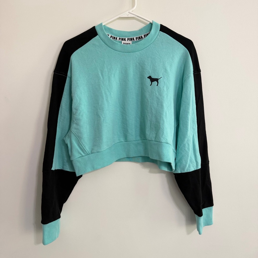 Victoria's Secret PINK Turquoise Cropped Logo Crewneck Sweatshirt, Size M